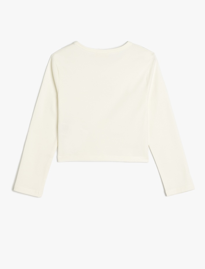 Kız Çocuk Crop Tişört Uzun Kollu Kedi Baskılı Bisiklet Yaka Pamuklu