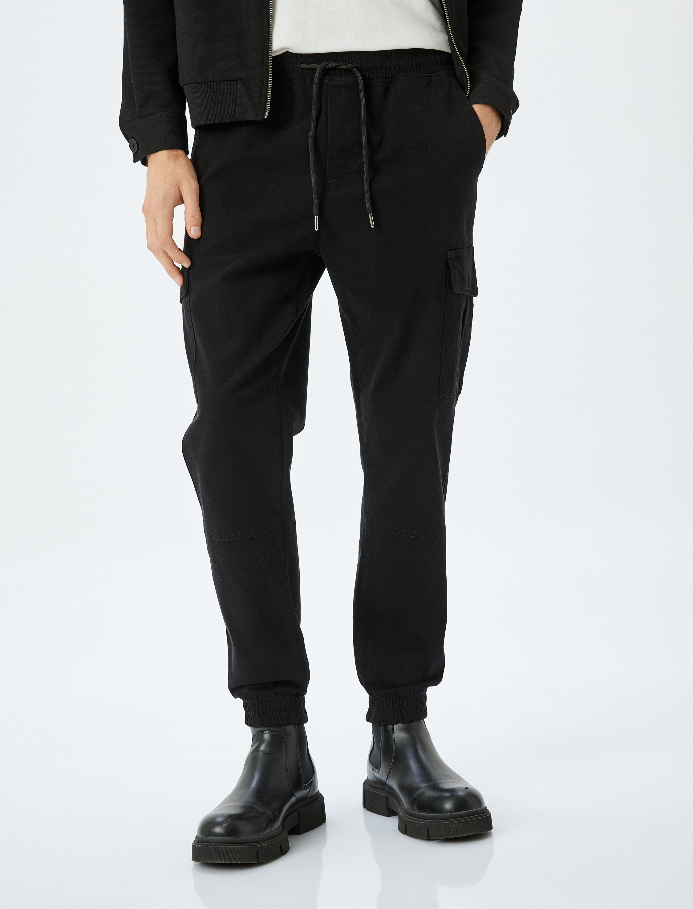   Yüksek Bel Beli Bağcıklı Pamuklu Kargo Cep Detaylı Jogger Pantolon