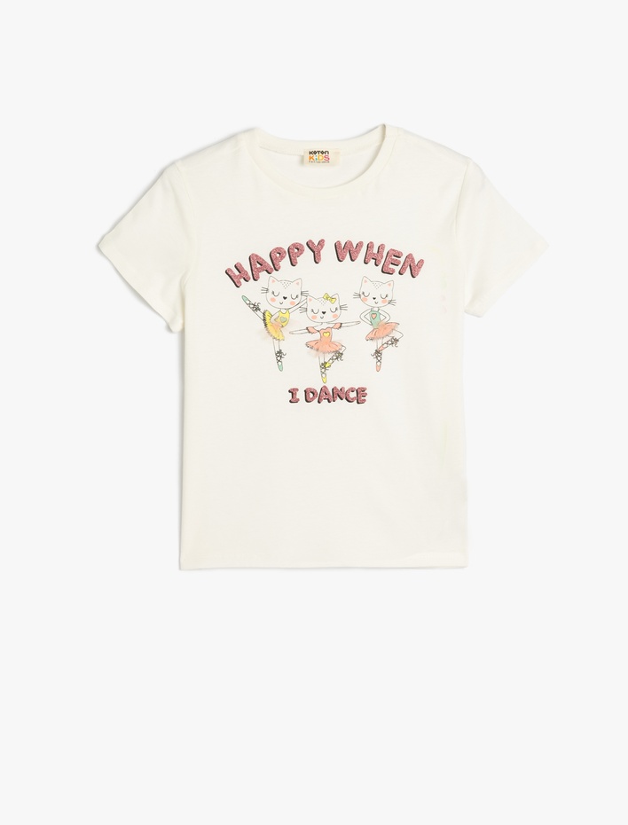 Kız Çocuk Kısa Kollu Bisiklet Yaka Kedi Baskılı Pamuklu Tişört