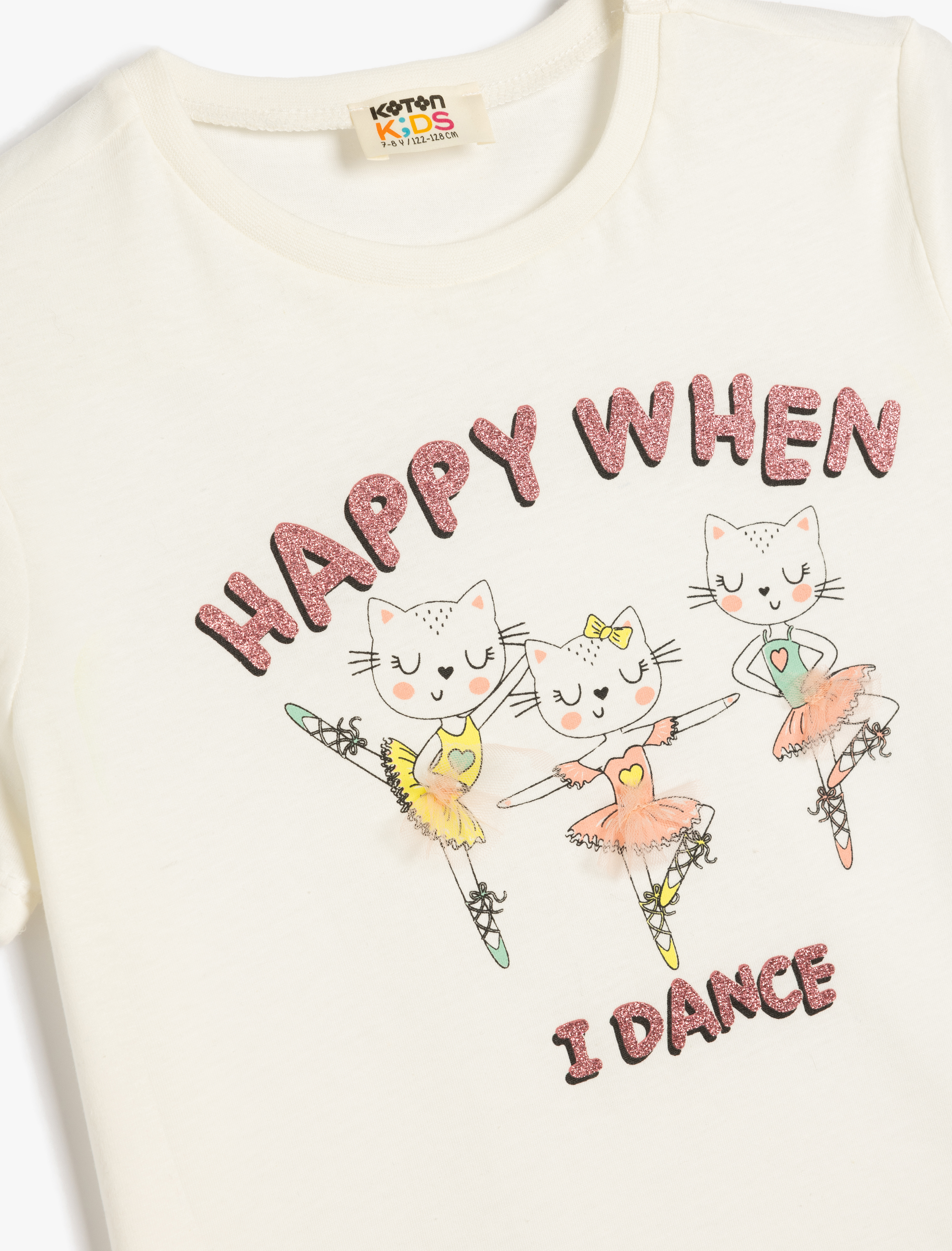  Kız Çocuk Kısa Kollu Bisiklet Yaka Kedi Baskılı Pamuklu Tişört