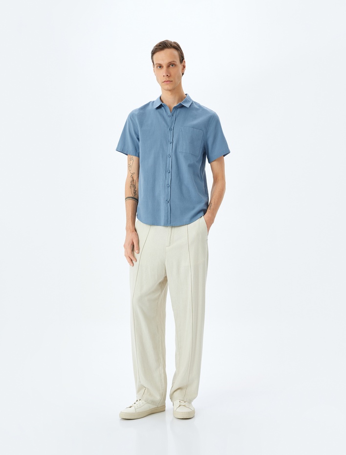  Kısa Kollu Pamuklu Cep Detaylı Slim Fit Gömlek