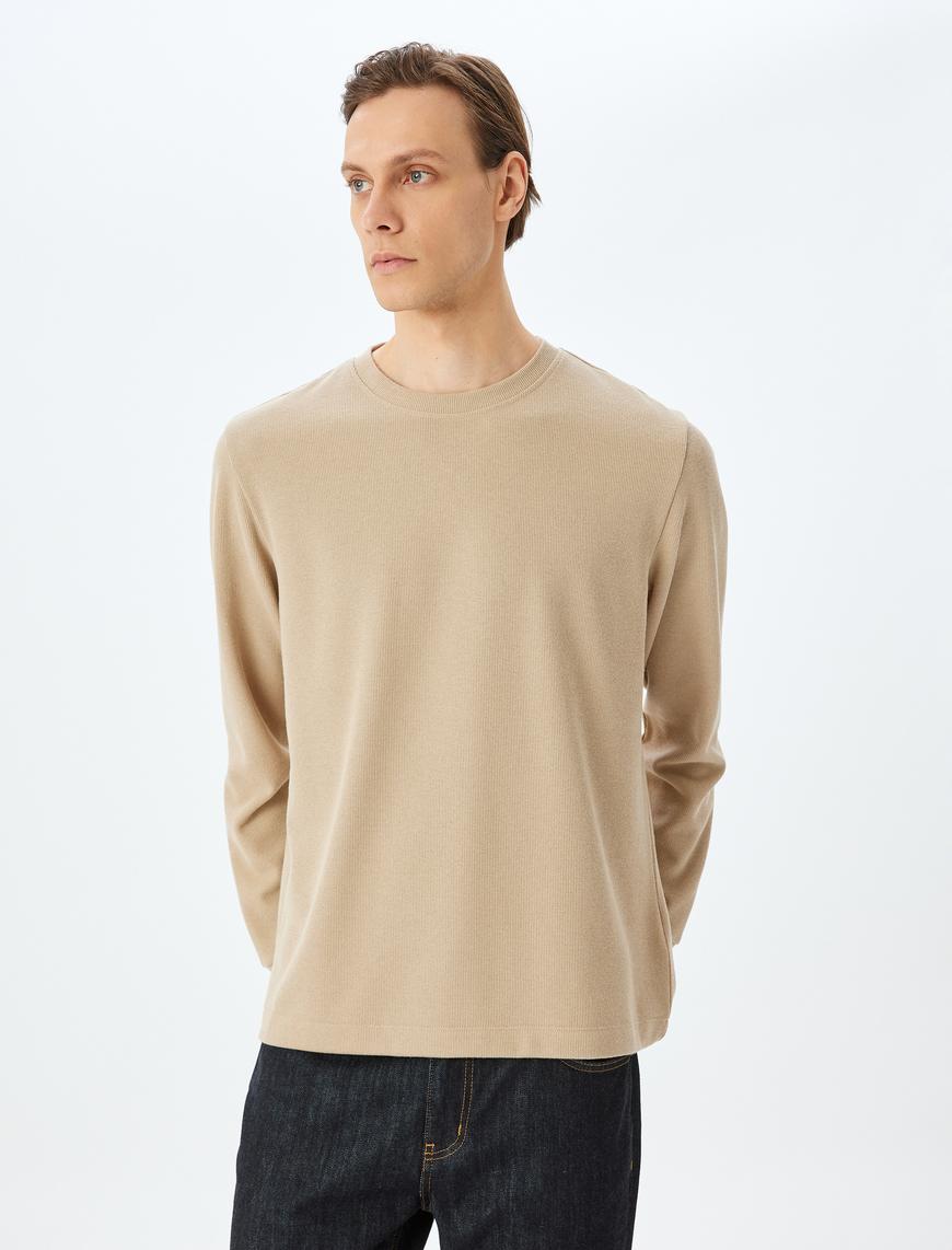   Pamuk Karışımlı Dokulu Basic Bisiklet Yaka Sweatshirt