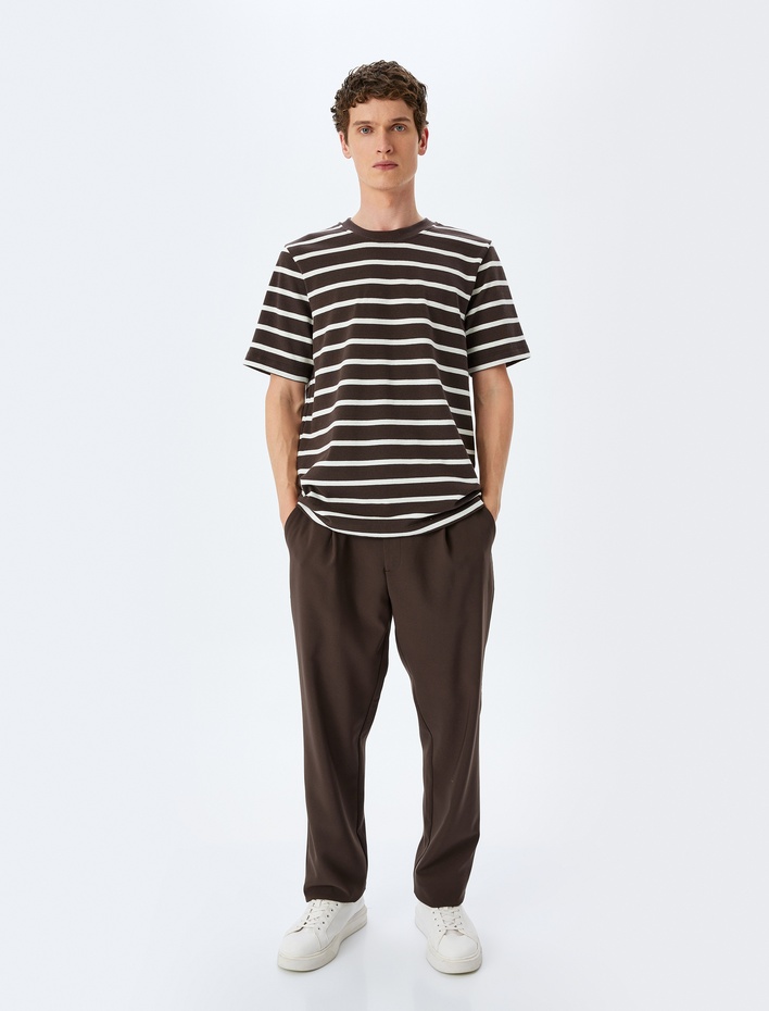  Kısa Kollu Bisiklet Yaka Regular Fit Pamuklu Çizgili Tişört