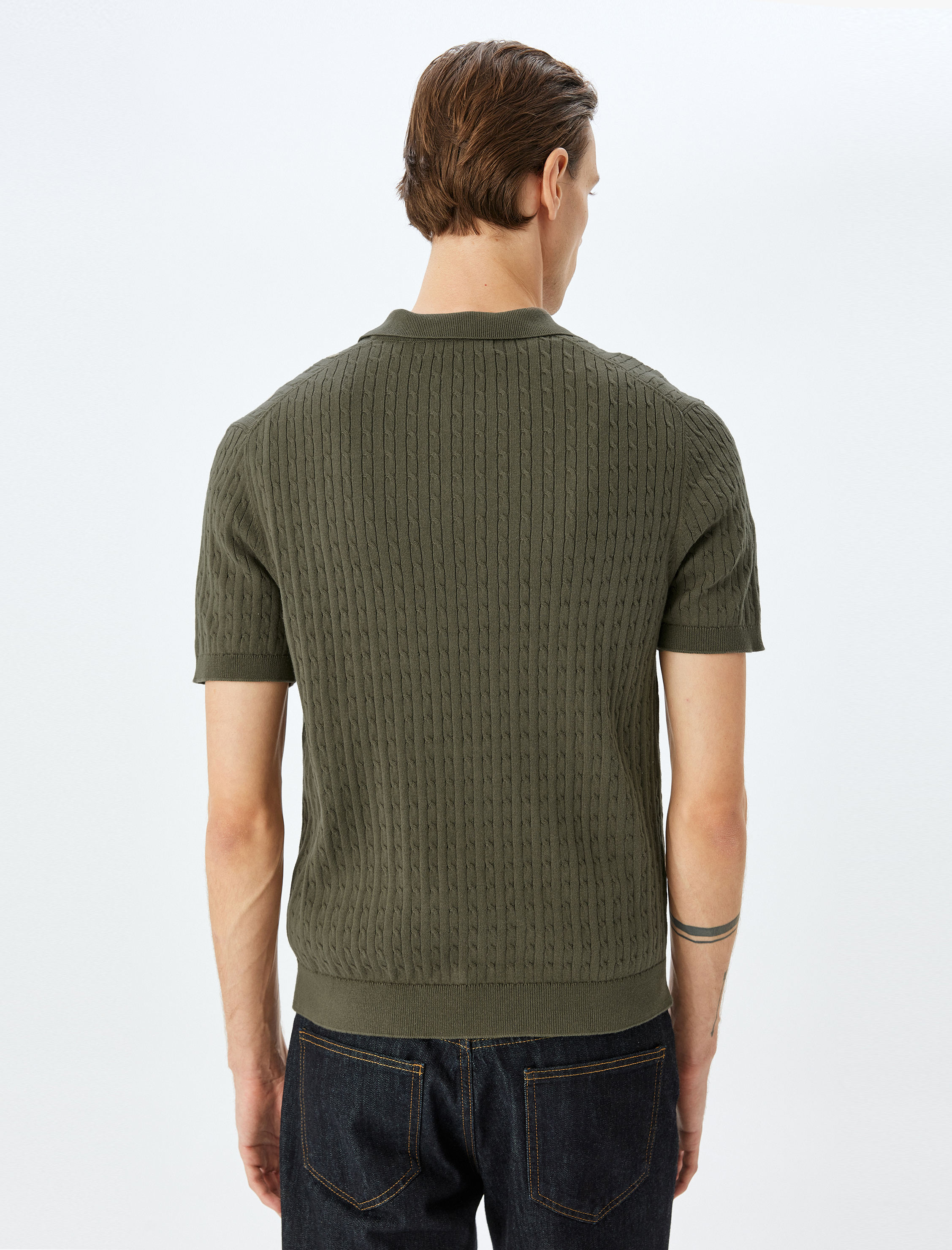   Kısa Kollu Pamuklu Saç Örgü Dokulu Polo Yaka Triko Tişört