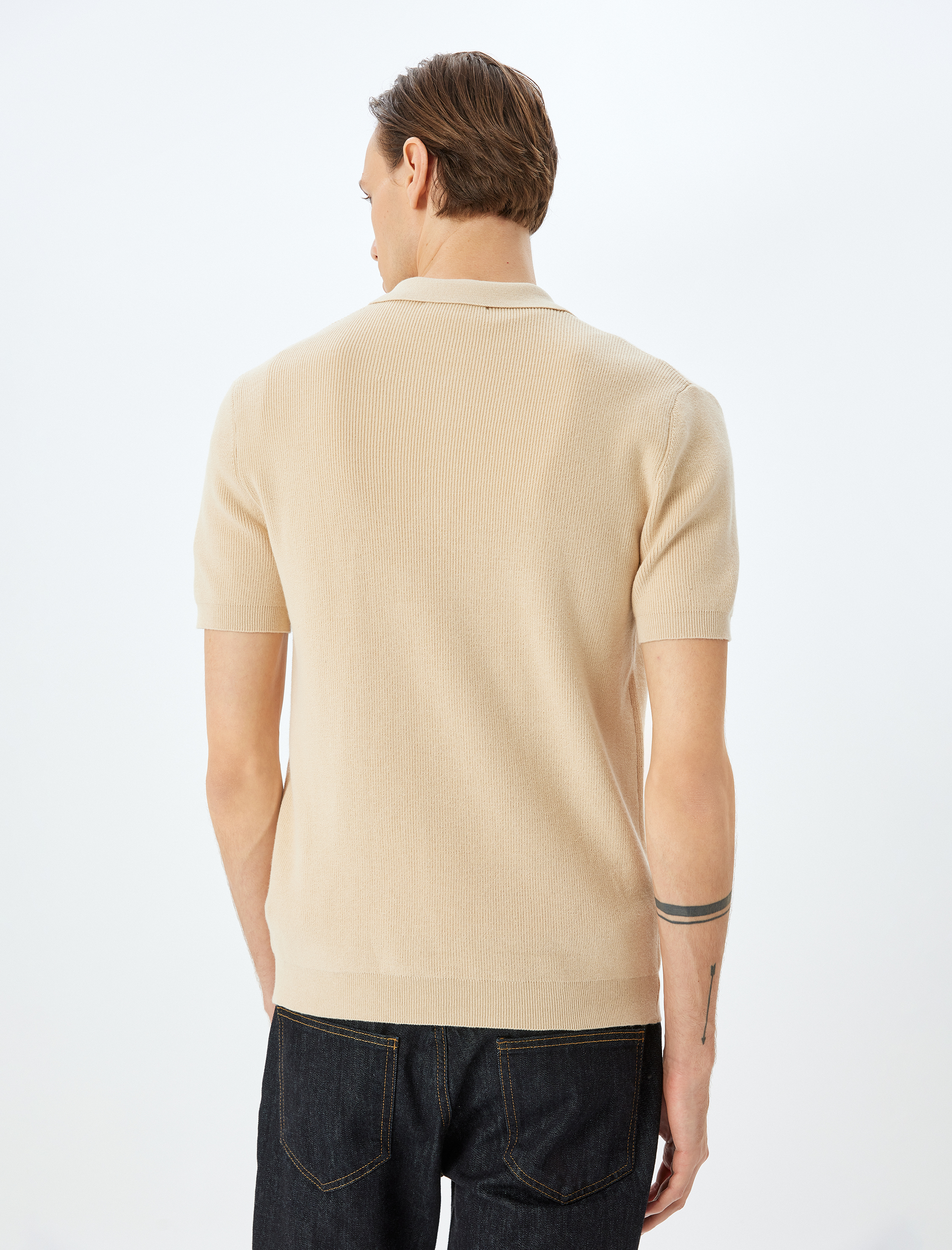   Yarım Fermuarlı Pamuk Karışımlı Kısa Kollu Triko Tişört