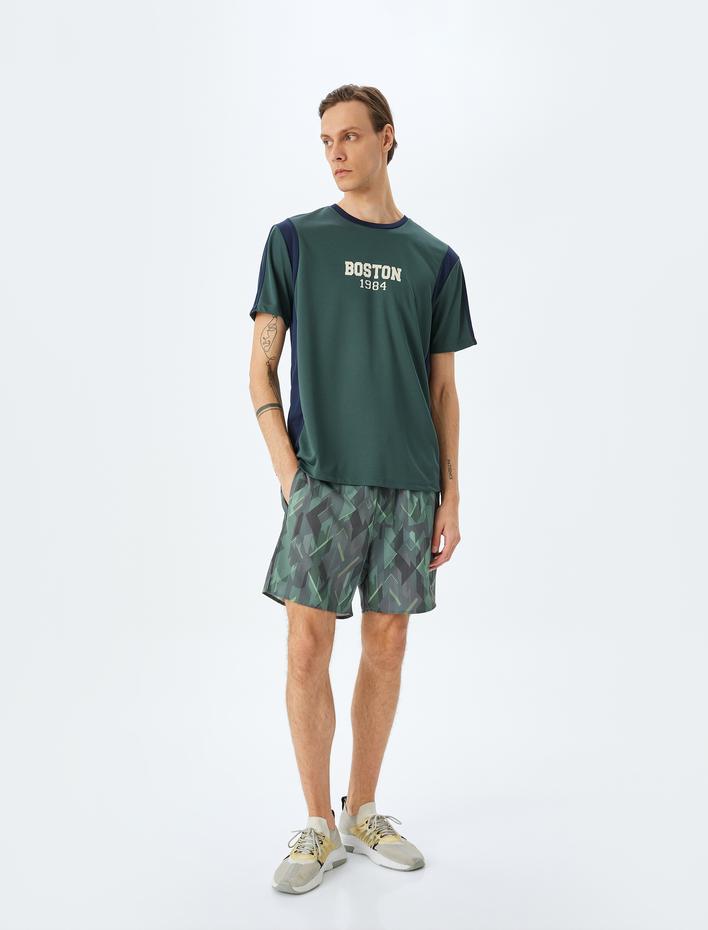  Bisiklet Yaka Kısa Kollu Renk Bloklu Slogan Baskılı Oversize Spor Tişört