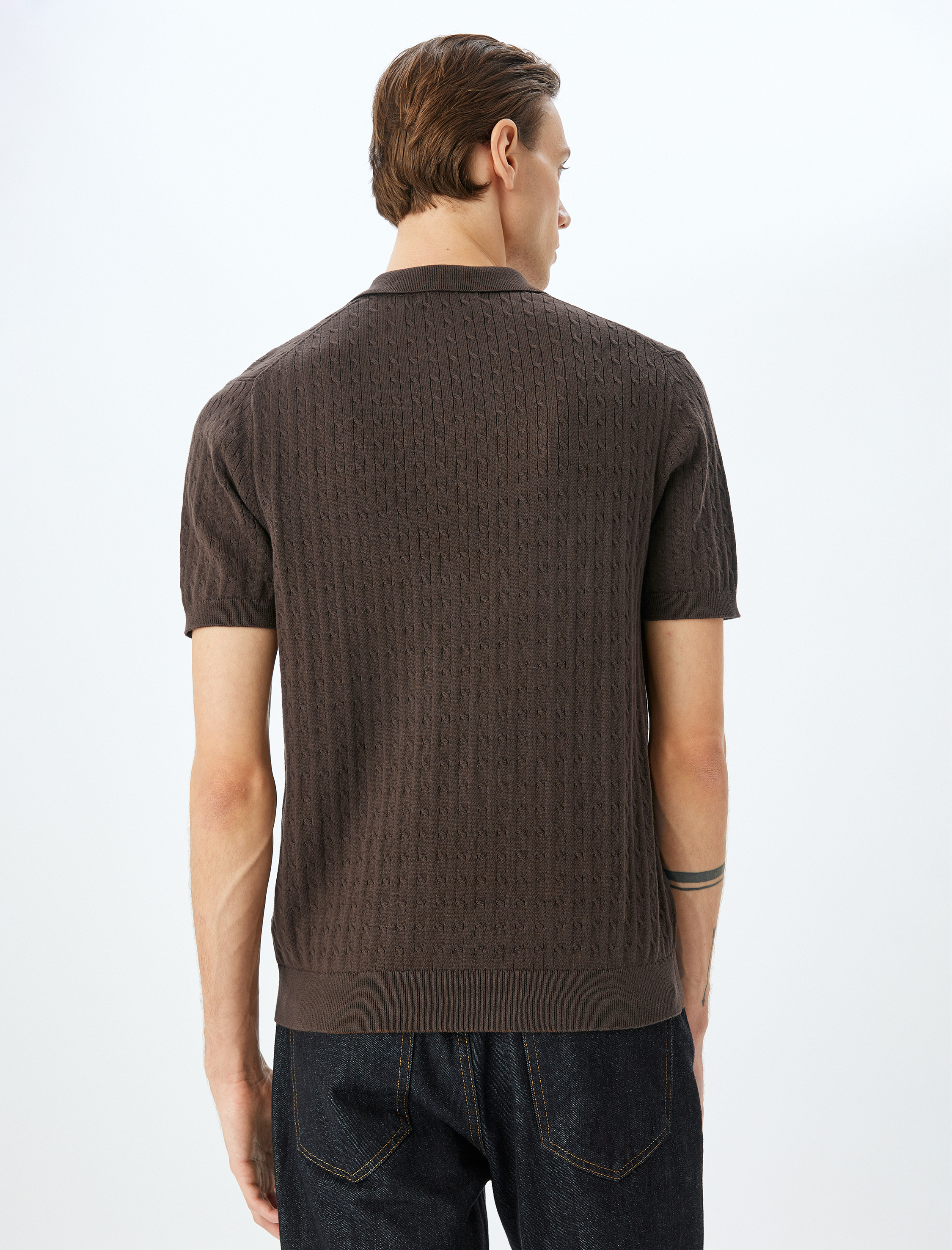   Kısa Kollu Pamuklu Saç Örgü Dokulu Polo Yaka Triko Tişört