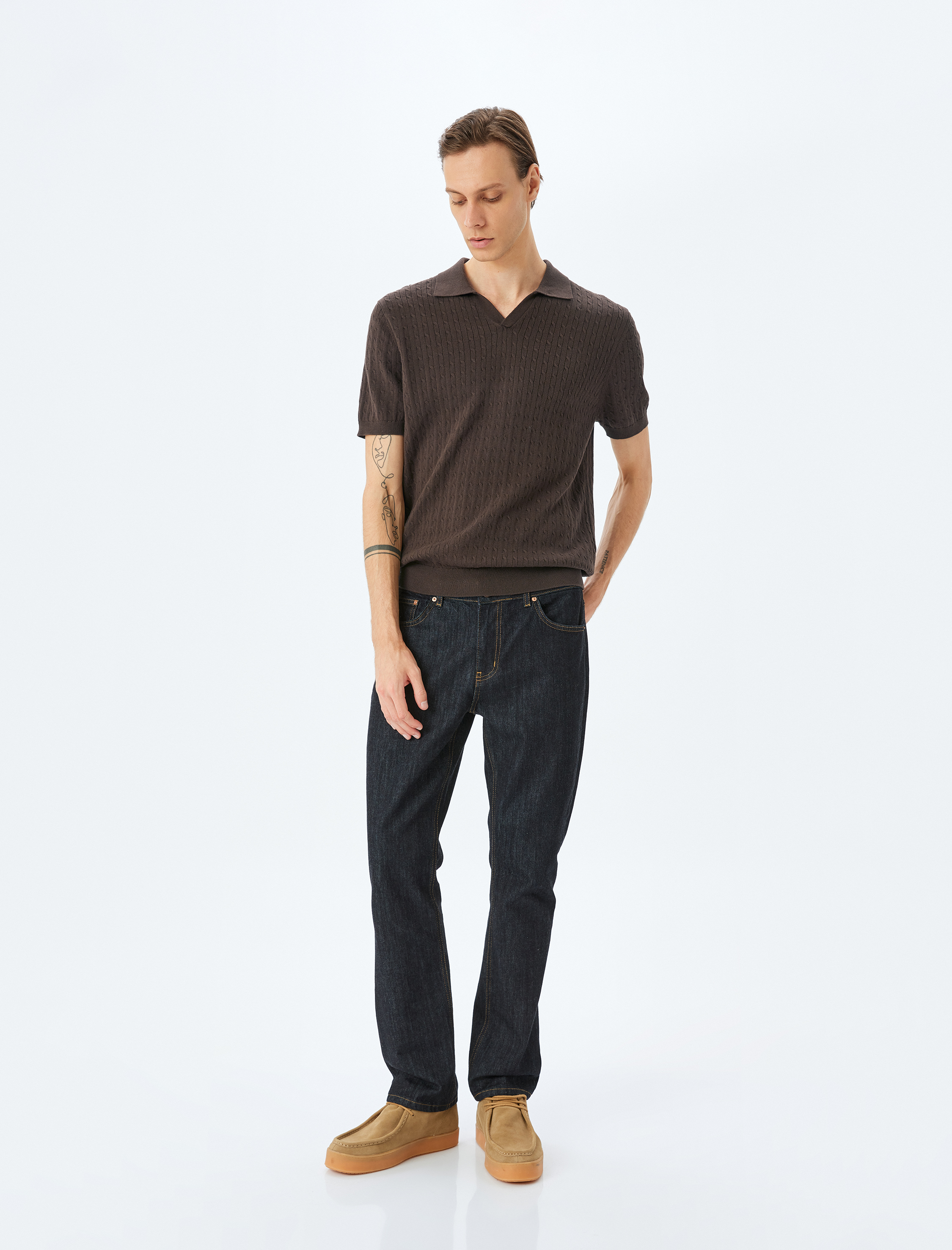   Kısa Kollu Pamuklu Saç Örgü Dokulu Polo Yaka Triko Tişört