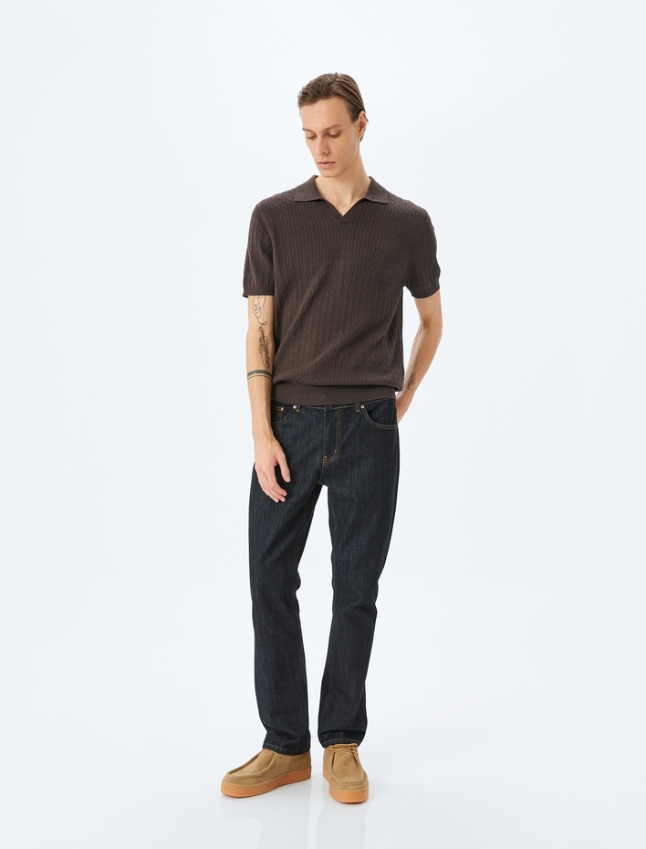  Kısa Kollu Pamuklu Saç Örgü Dokulu Polo Yaka Triko Tişört