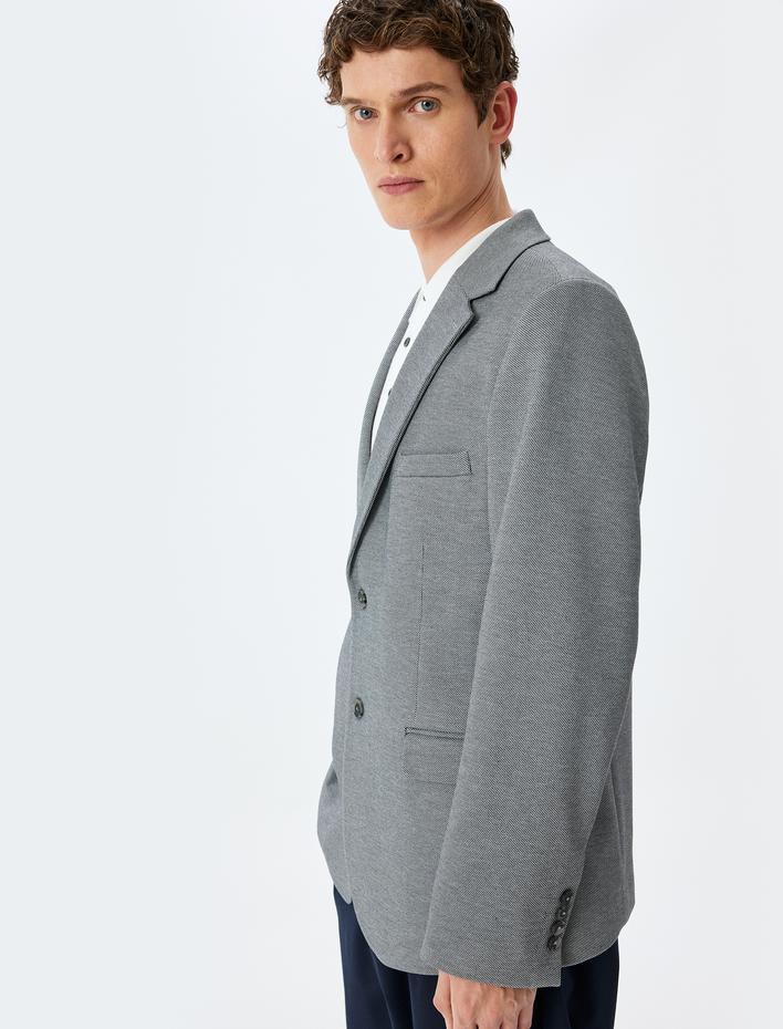  Cep Detaylı Pamuk Karışımlı Mono Yaka Slim Fit Blazer Ceket