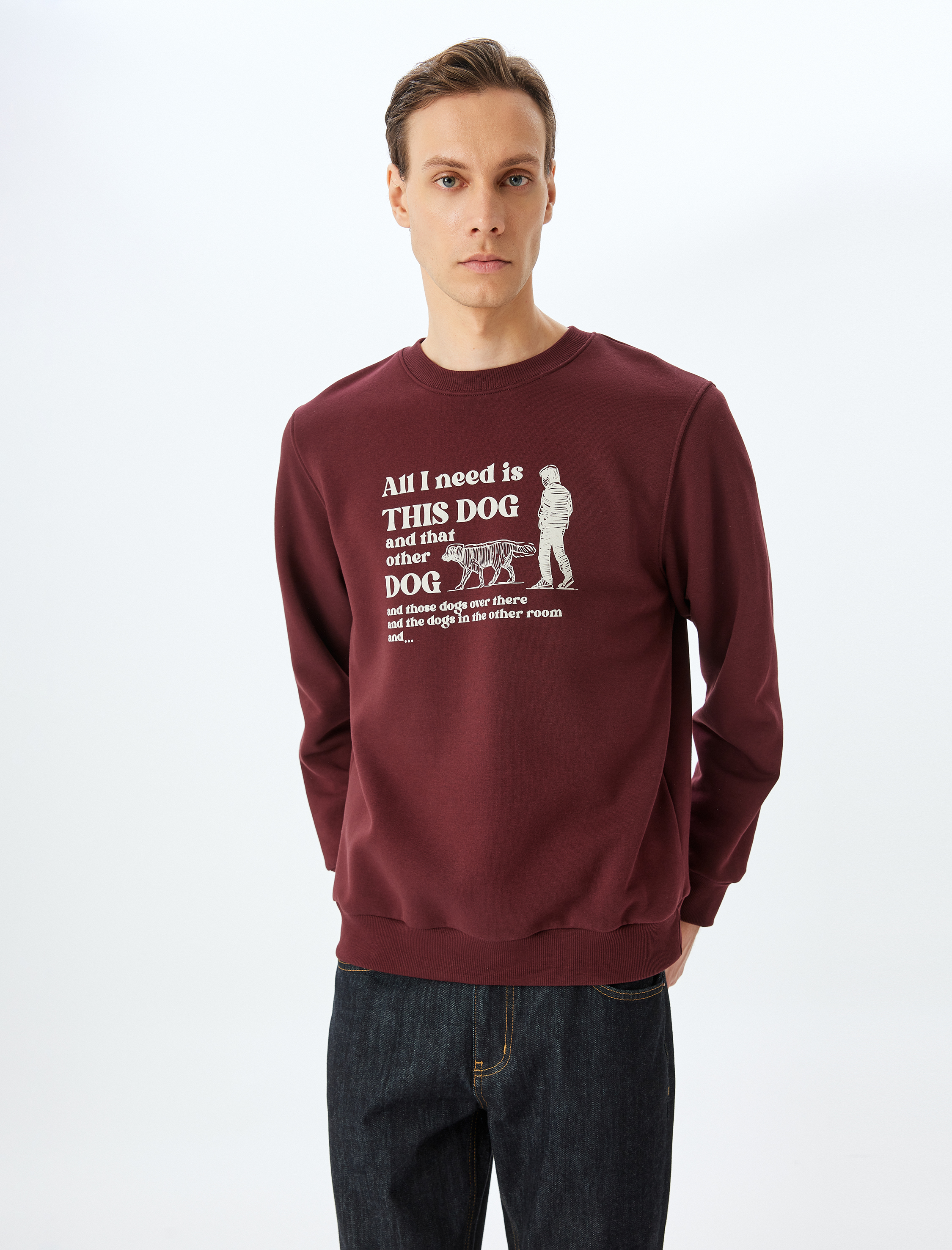   Şardonlu Pamuk Karışımlı Bisiklet Yaka Slogan Baskılı Sweatshirt