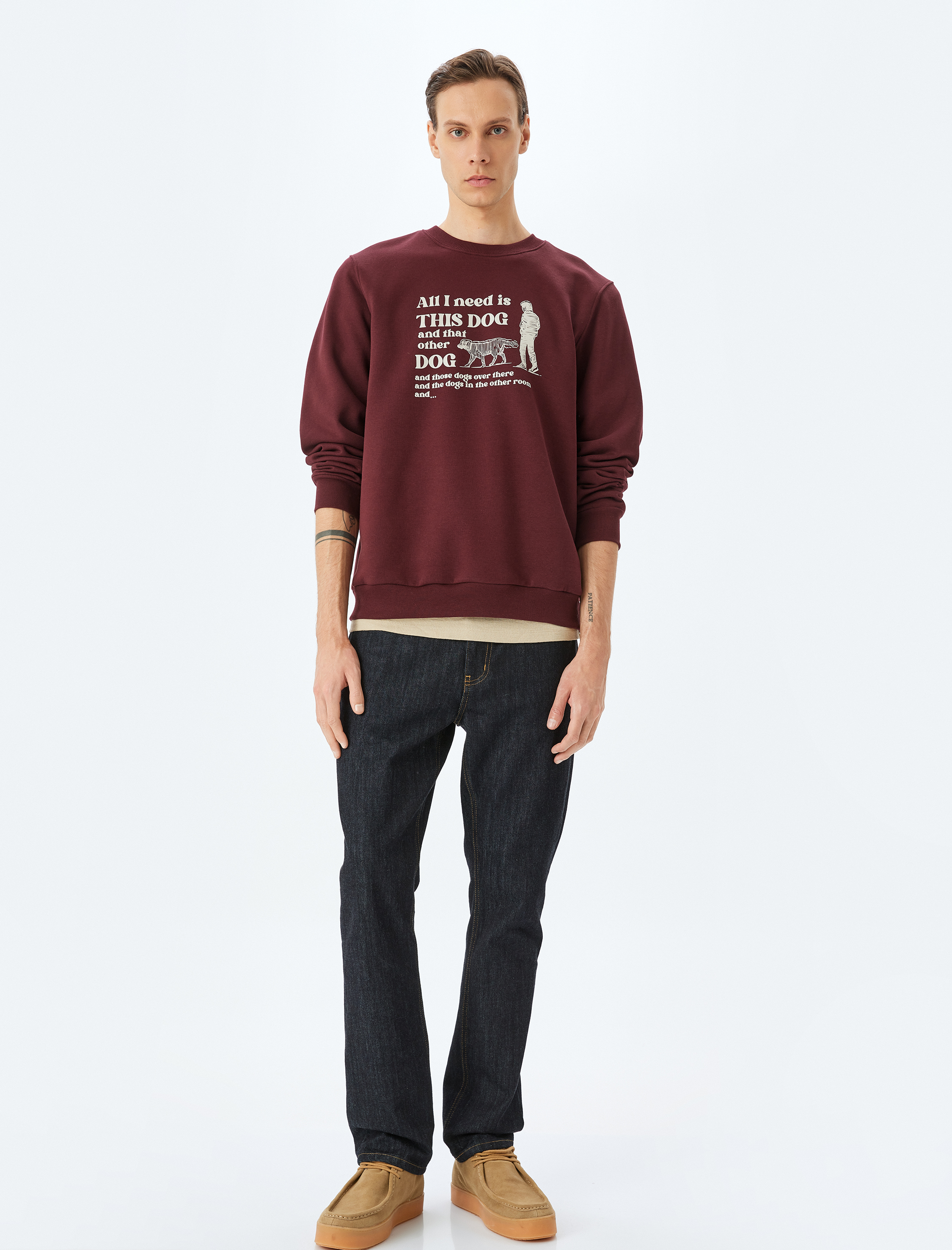   Şardonlu Pamuk Karışımlı Bisiklet Yaka Slogan Baskılı Sweatshirt