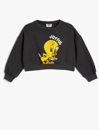 Crop Sweatshirt Tweety Baskılı Lisanslı Şardonlu Uzun Kollu