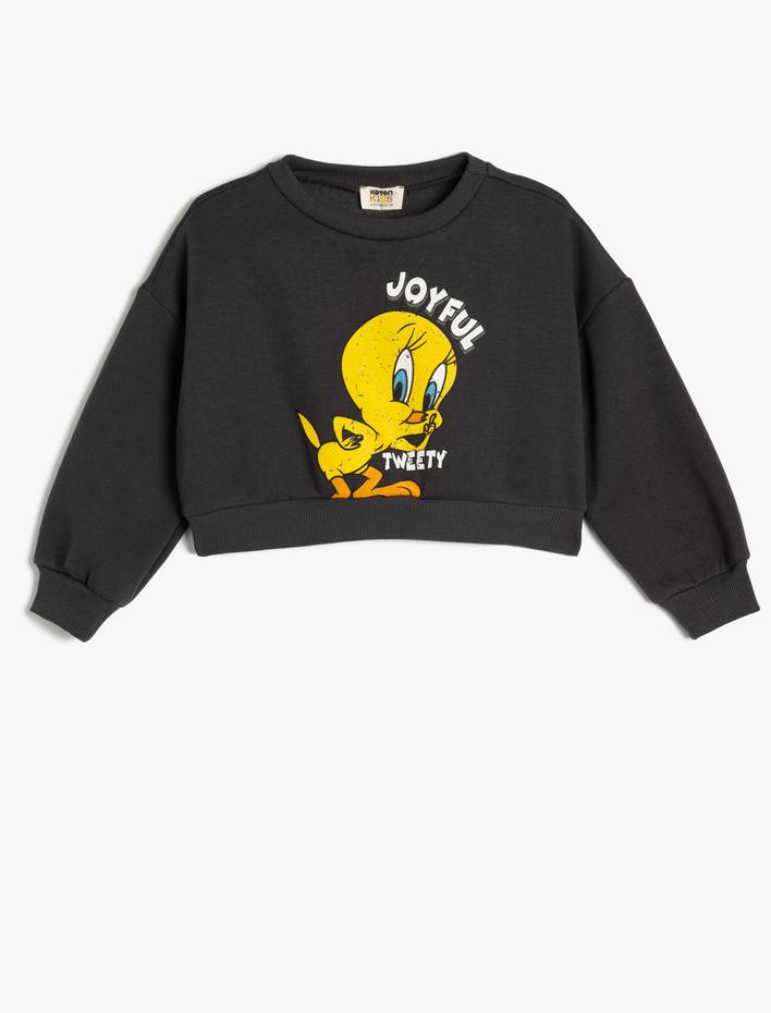 Kız Çocuk Crop Sweatshirt Tweety Baskılı Lisanslı Şardonlu Uzun Kollu