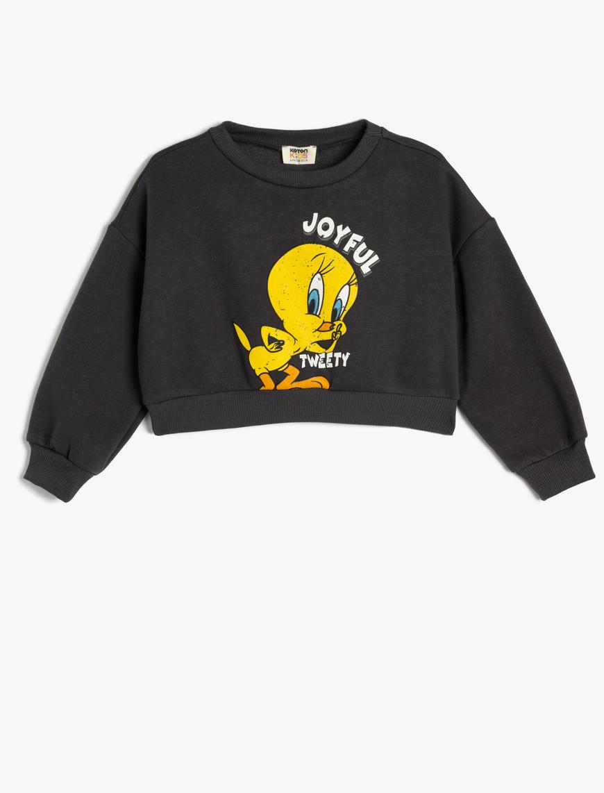  Kız Çocuk Crop Sweatshirt Tweety Baskılı Lisanslı Şardonlu Uzun Kollu