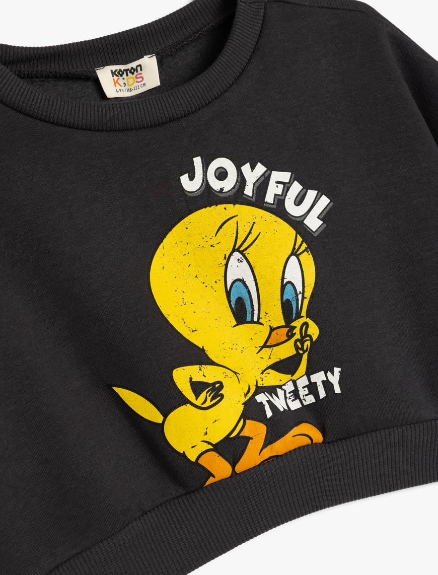  Kız Çocuk Crop Sweatshirt Tweety Baskılı Lisanslı Şardonlu Uzun Kollu