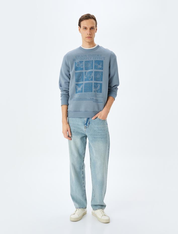  Bisiklet Yaka Pamuk Karışımlı Şardonlu Kelebek Baskılı Sweatshirt
