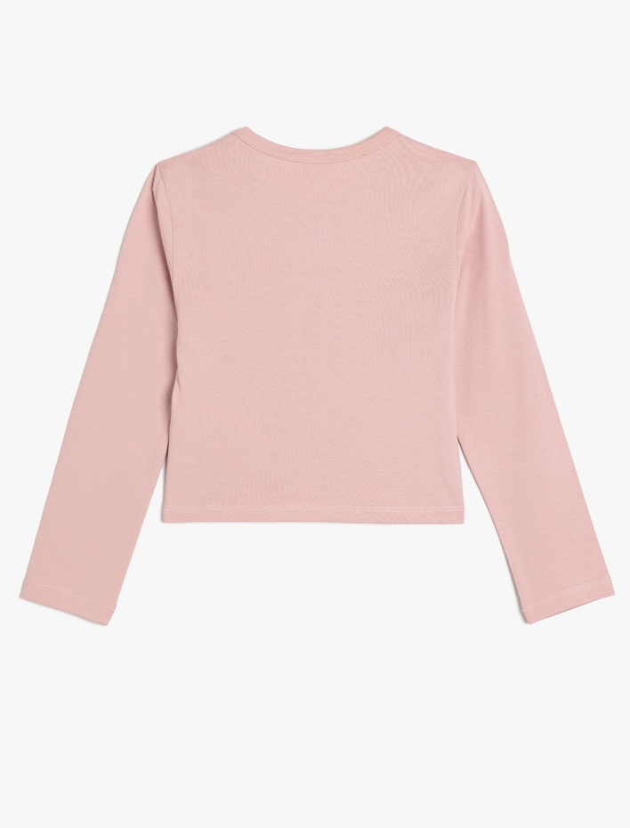 Kız Çocuk Crop Tişört Uzun Kollu Ayıcık Baskılı Bisiklet Yaka Pamuklu