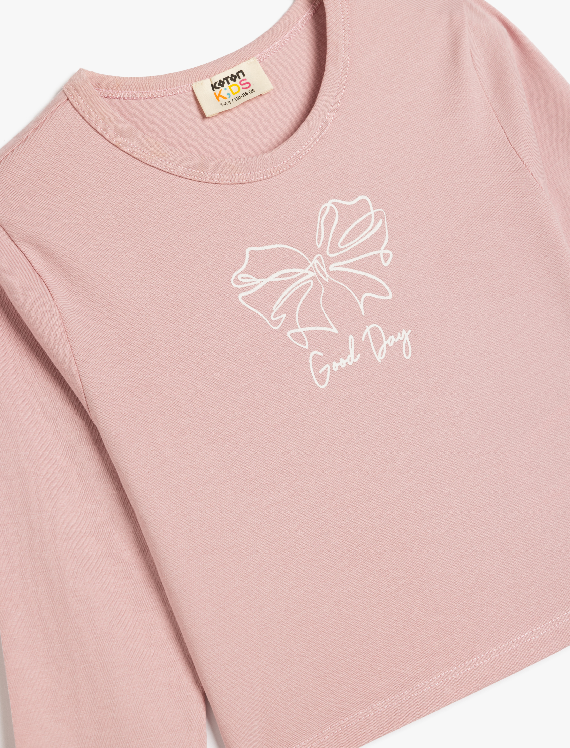  Kız Çocuk Crop Tişört Uzun Kollu Ayıcık Baskılı Bisiklet Yaka Pamuklu