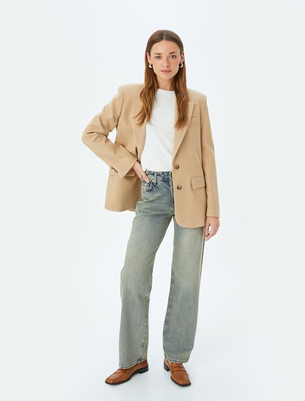 Düz Paça Normal Bel Düz Kesim Düğmeli Pamuklu Kot Pantolon - Straight Fit Jean_1