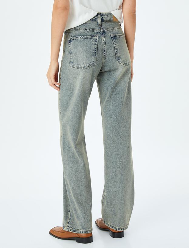 Düz Paça Normal Bel Düz Kesim Düğmeli Pamuklu Kot Pantolon - Straight Fit Jean_3