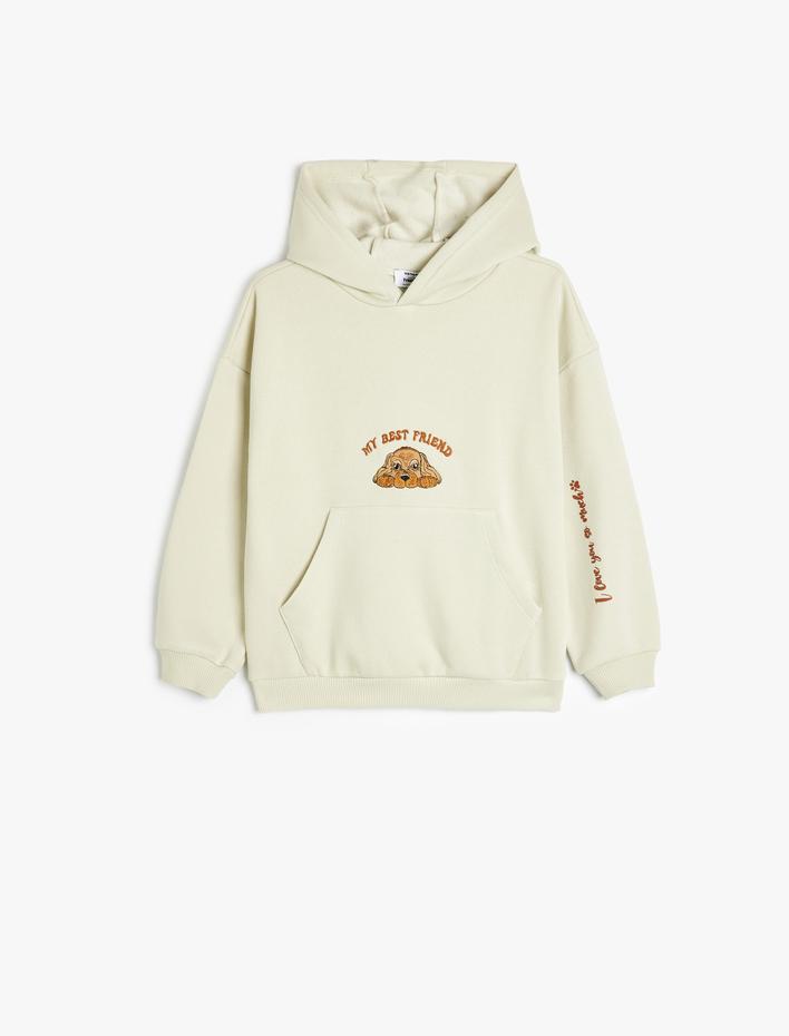 Kız Çocuk Kapşonlu Sweatshirt Kanguru Cepli Uzun Kollu Köpek Baskılı Şardonlu
