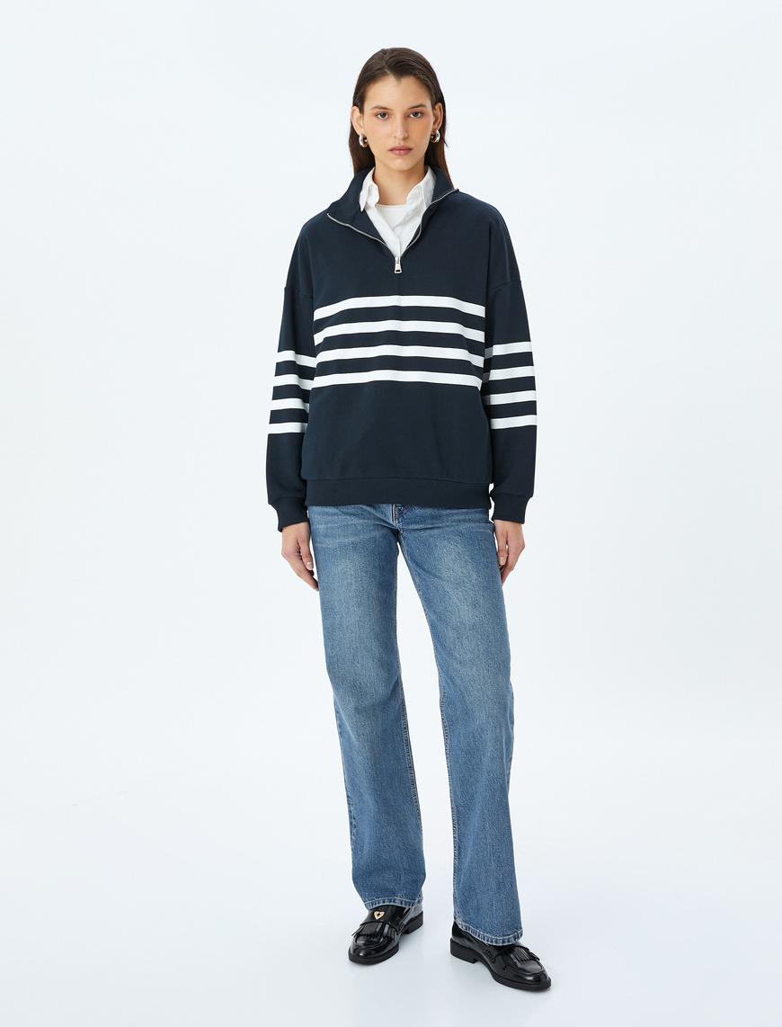   Yarım Fermuarlı Çizgili Oversize Sweatshirt