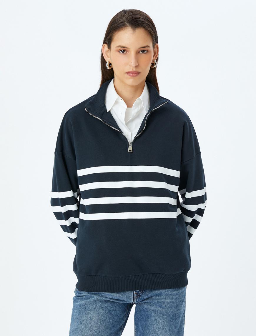   Yarım Fermuarlı Çizgili Oversize Sweatshirt