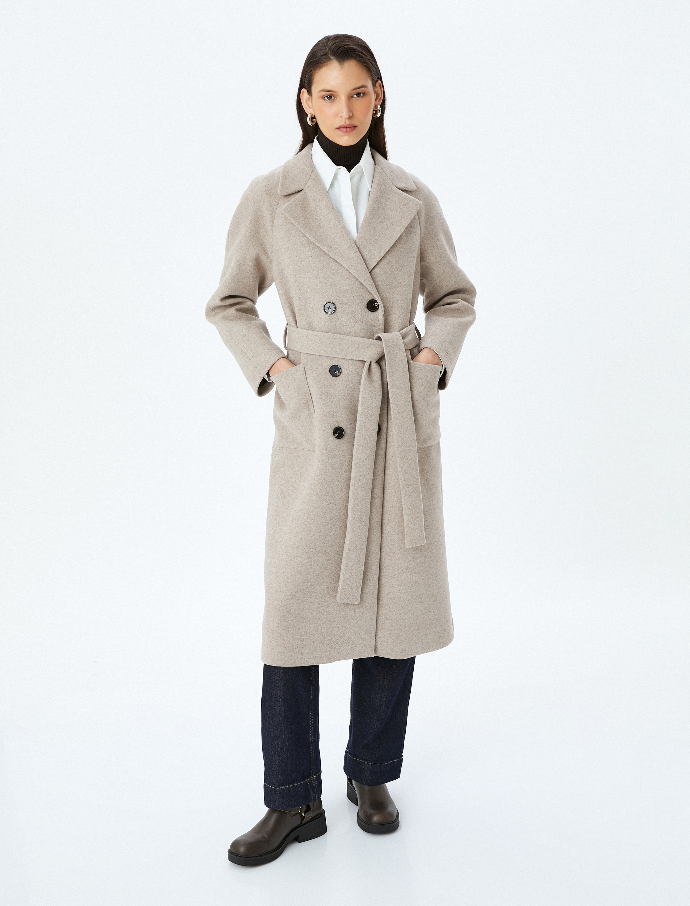   Kuşak Detaylı Cepli Düğmeli Kruvaze Ekstra Uzun Kaşe Kaban