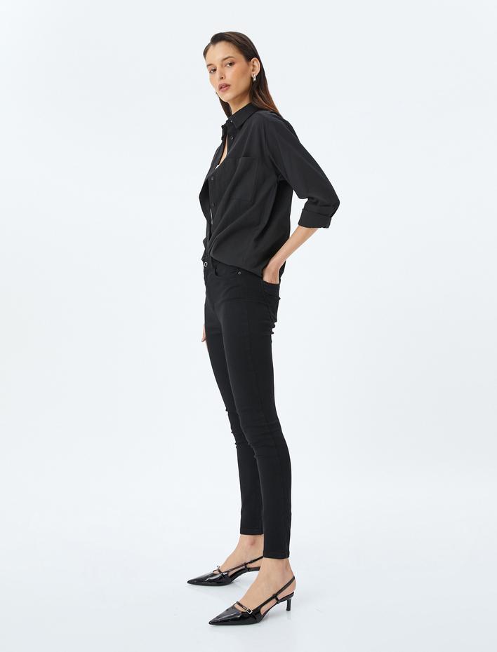  Yüksek Bel Skinny Fit Dar Paça Düğmeli Kot Pantolon - Skinny Fit Push Up Jean