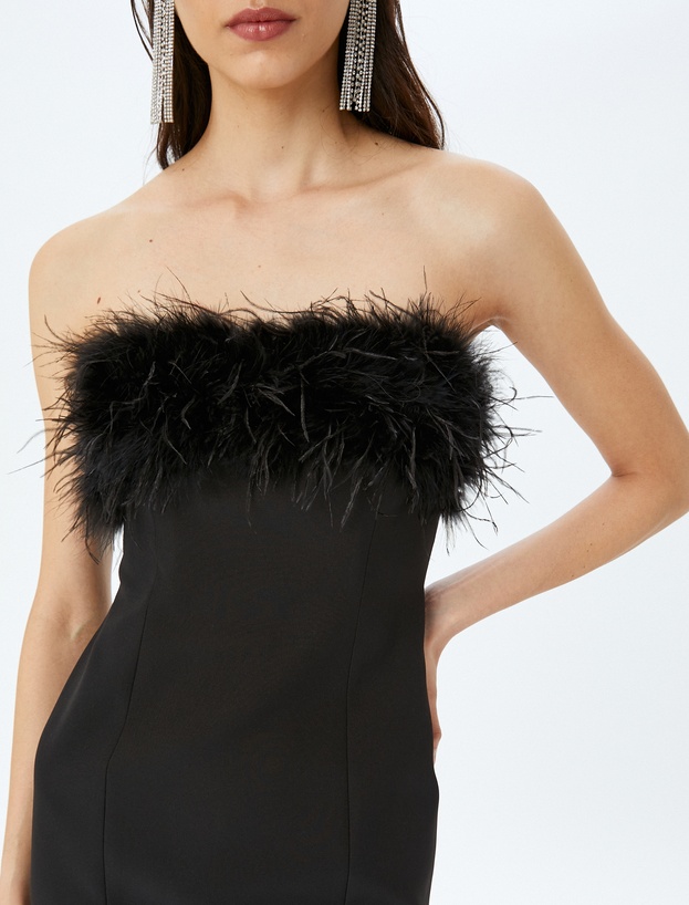 Straplez Yaka Kolsuz Tüy Detaylı Mini Slim Fit Abiye Elbise_4