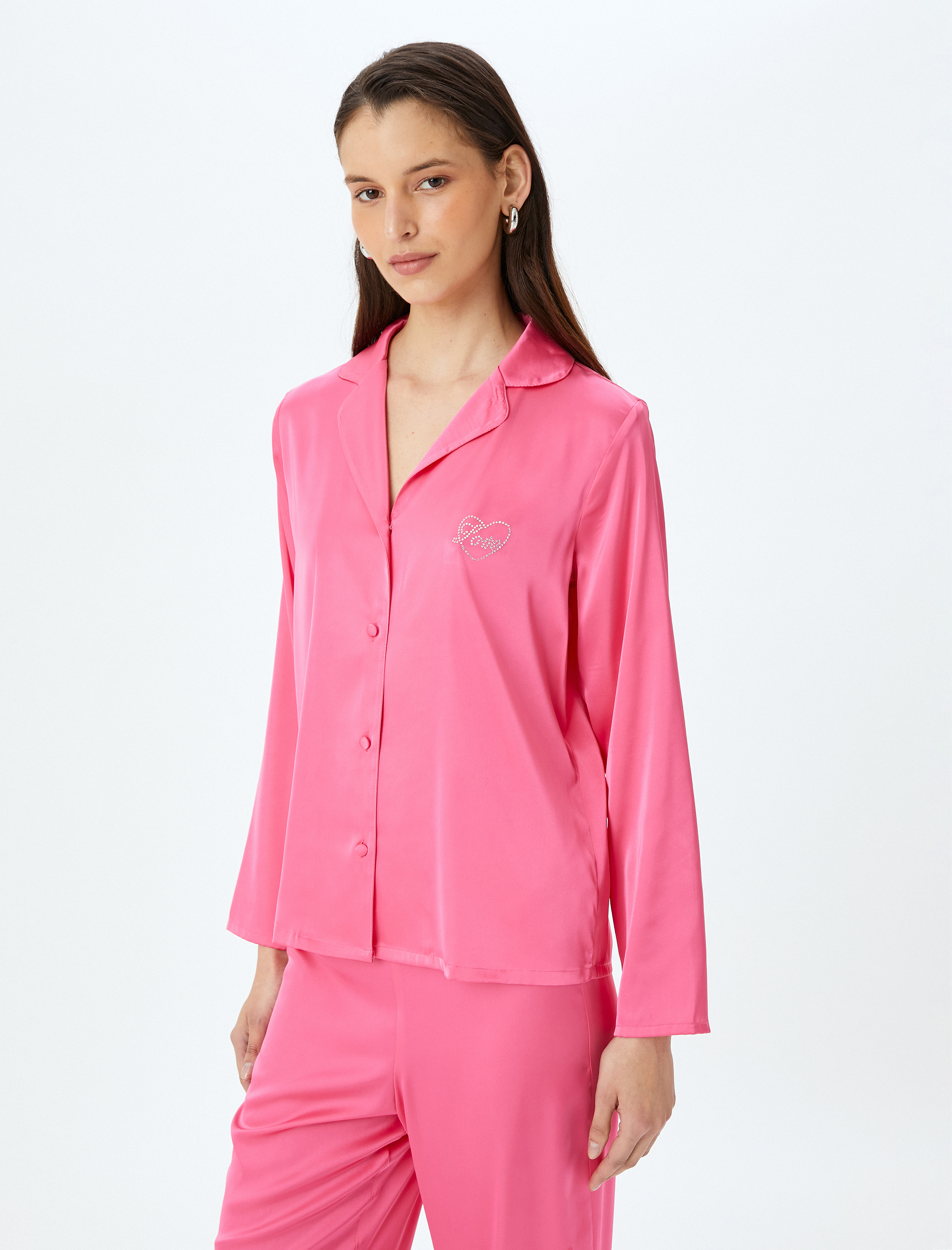   Gömlek Yaka Uzun Kollu Düğmeli Saten Pijama Üstü