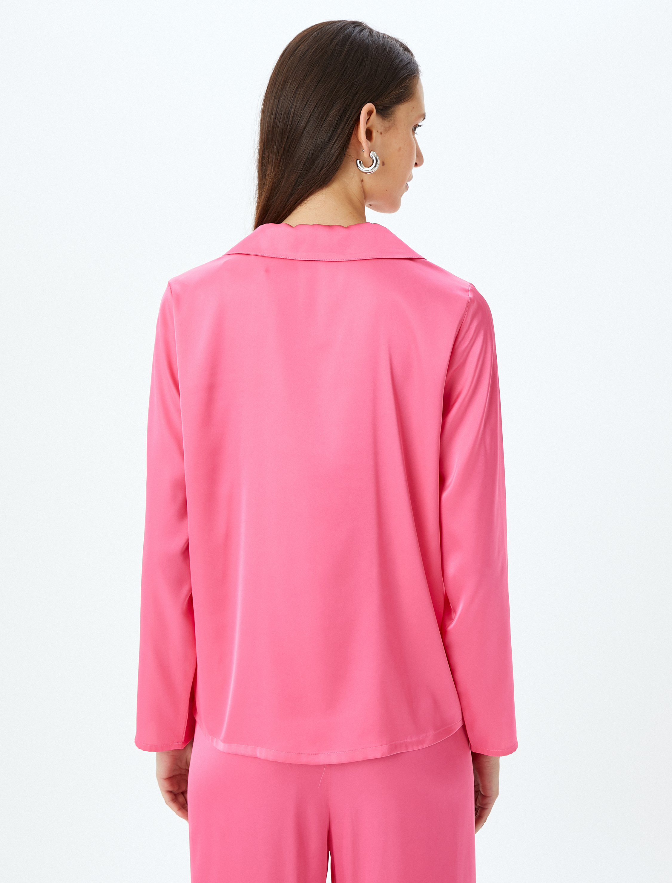   Gömlek Yaka Uzun Kollu Düğmeli Saten Pijama Üstü