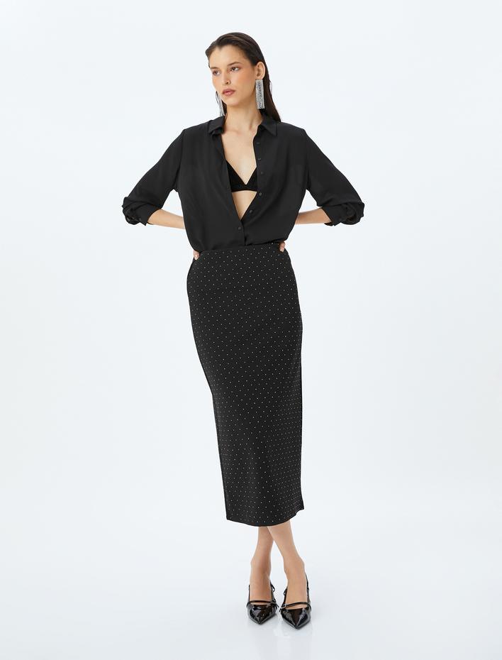  Midi Boy Taşlı Yırtmaç Detaylı Normal Bel Kalem Abiye Etek