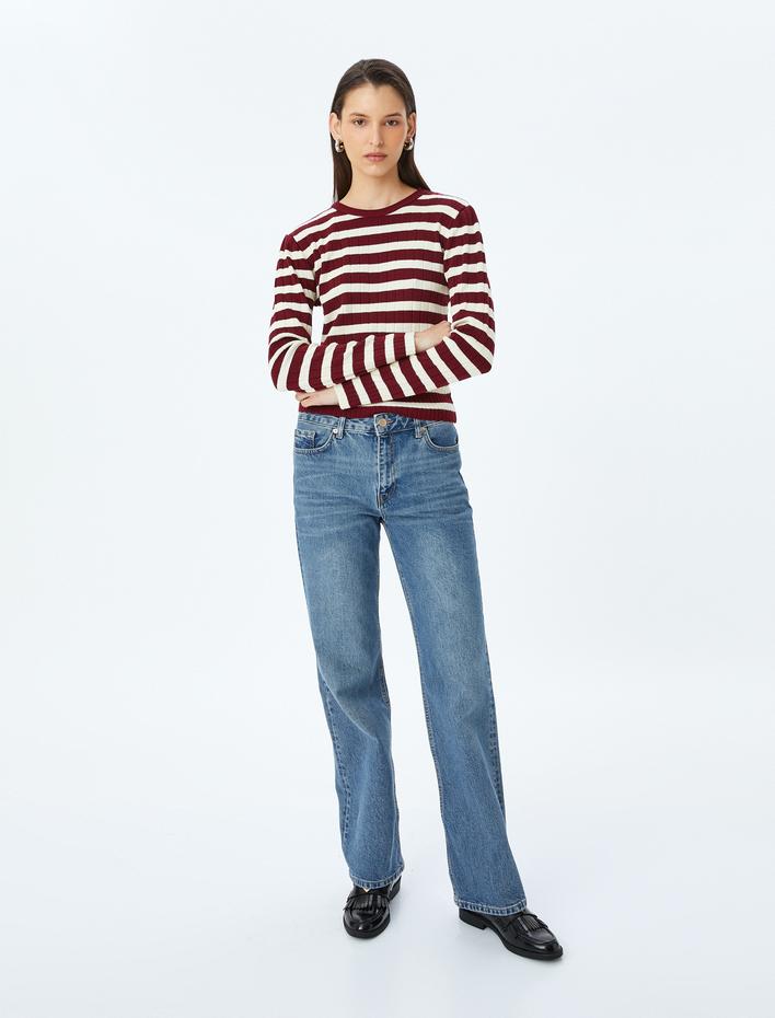  Bisiklet Yaka Uzun Kollu Çizgili Triko Kazak