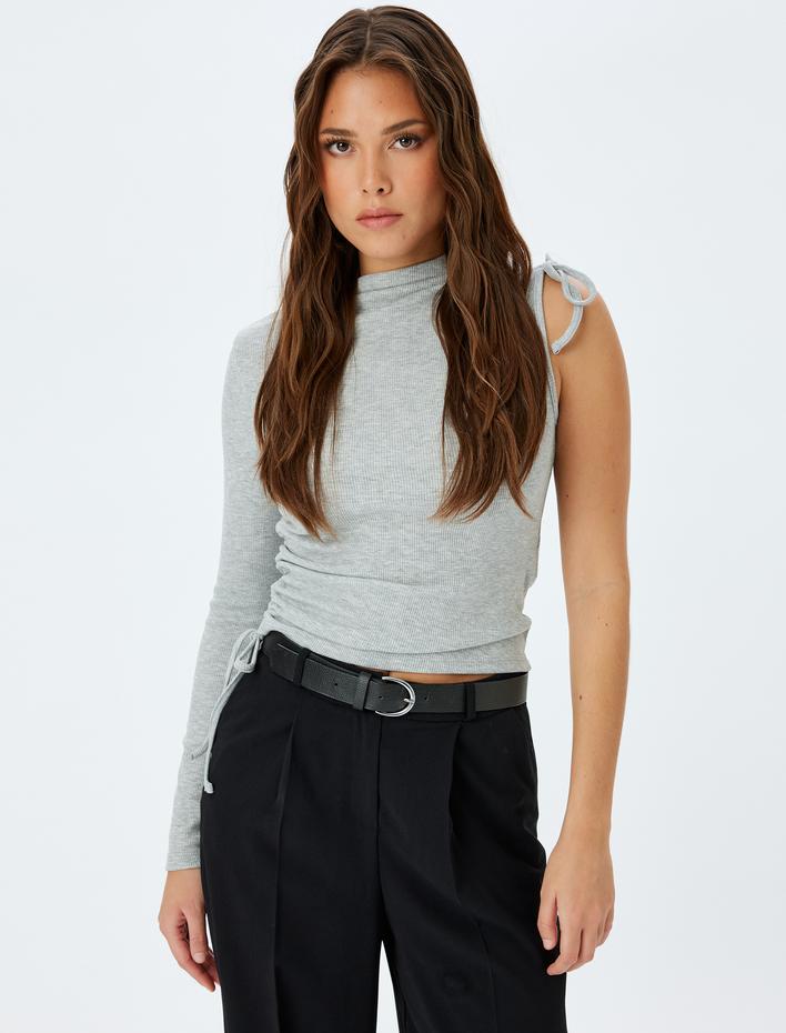  Slim Fit Asimetrik Yaka Uzun Tek Kollu Fitilli Tişört