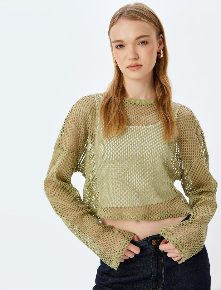  Uzun Kollu Bisiklet Yaka Crop File Tişört