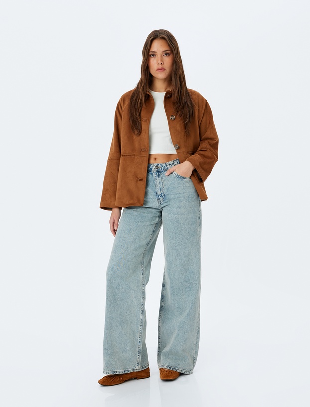 Geniş Paça Kemer Detaylı Cepli Normal Bel Kot Pantolon - Wide Leg Jean_1