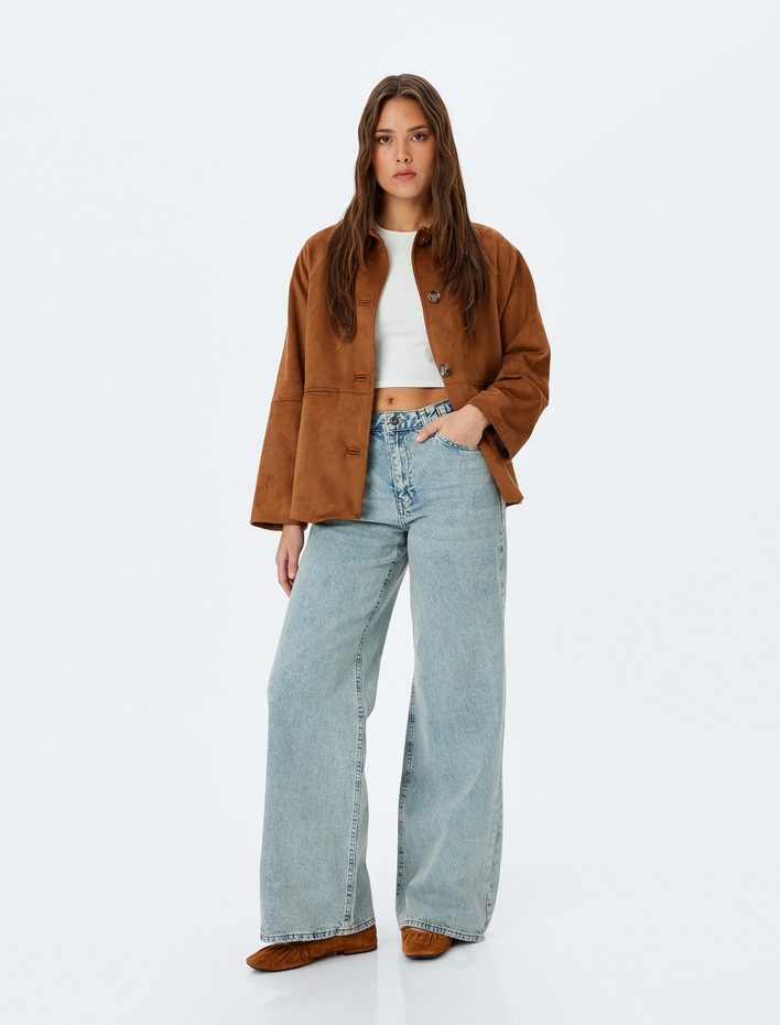  Geniş Paça Kemer Detaylı Cepli Normal Bel Kot Pantolon - Wide Leg Jean