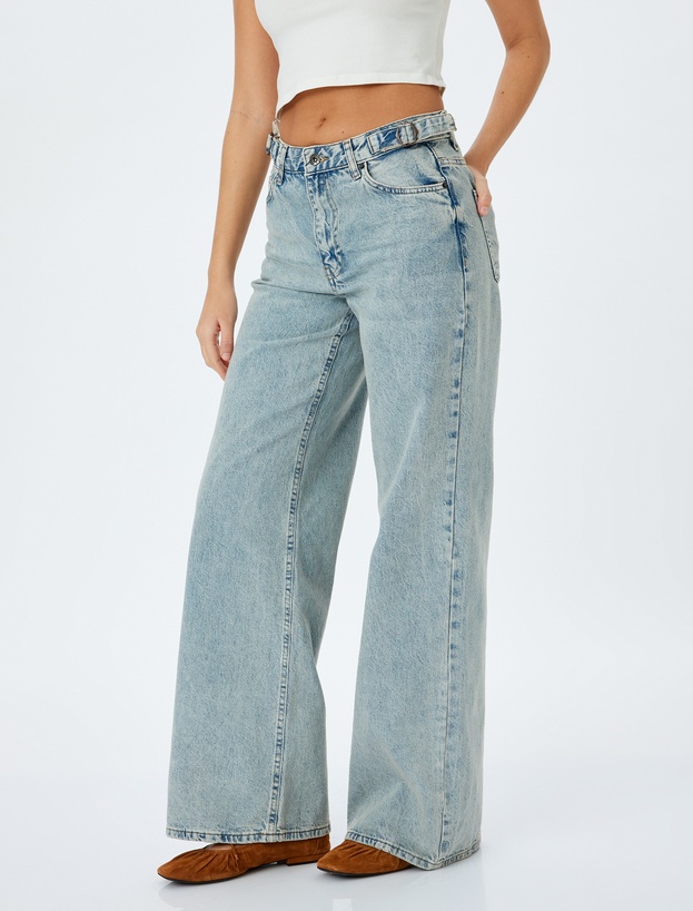 Geniş Paça Kemer Detaylı Cepli Normal Bel Kot Pantolon - Wide Leg Jean_2