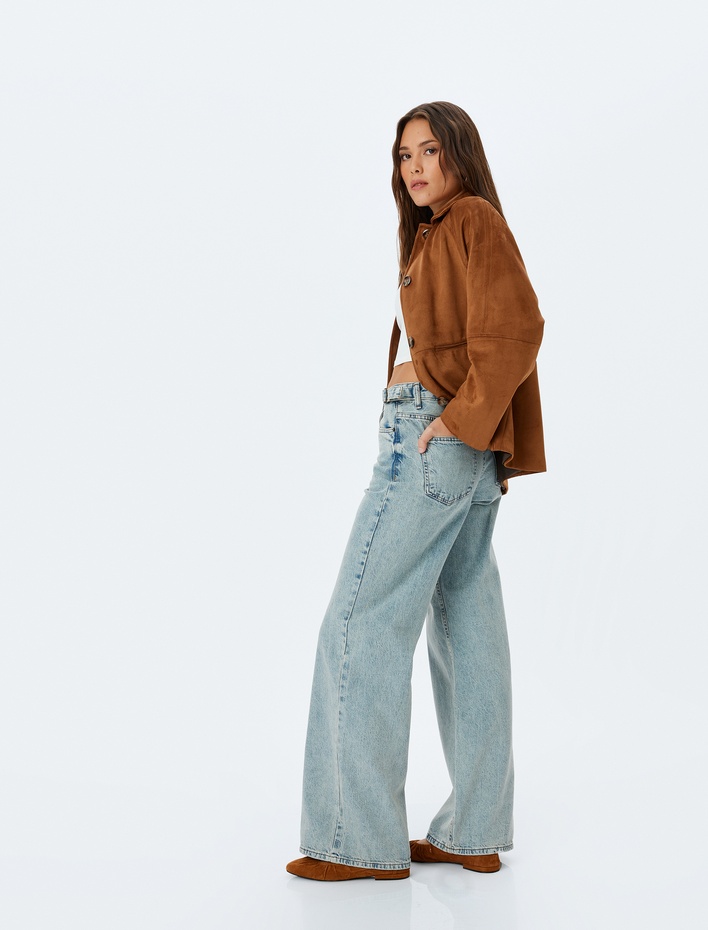  Geniş Paça Kemer Detaylı Cepli Normal Bel Kot Pantolon - Wide Leg Jean