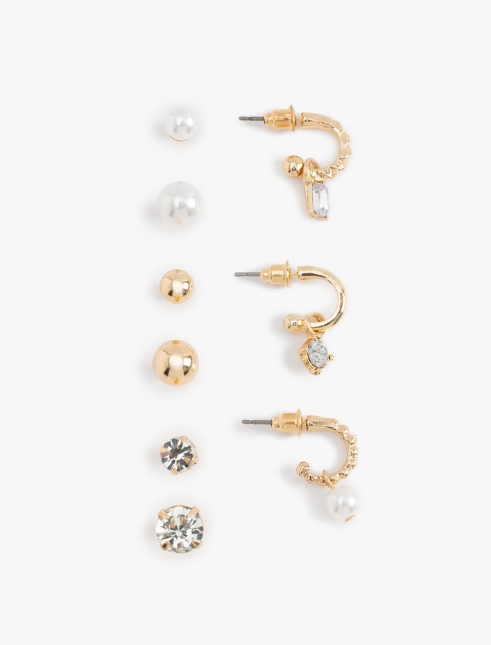 Kadın İnci ve Taş Detaylı 9'lu Top ve Halka Küpe Seti