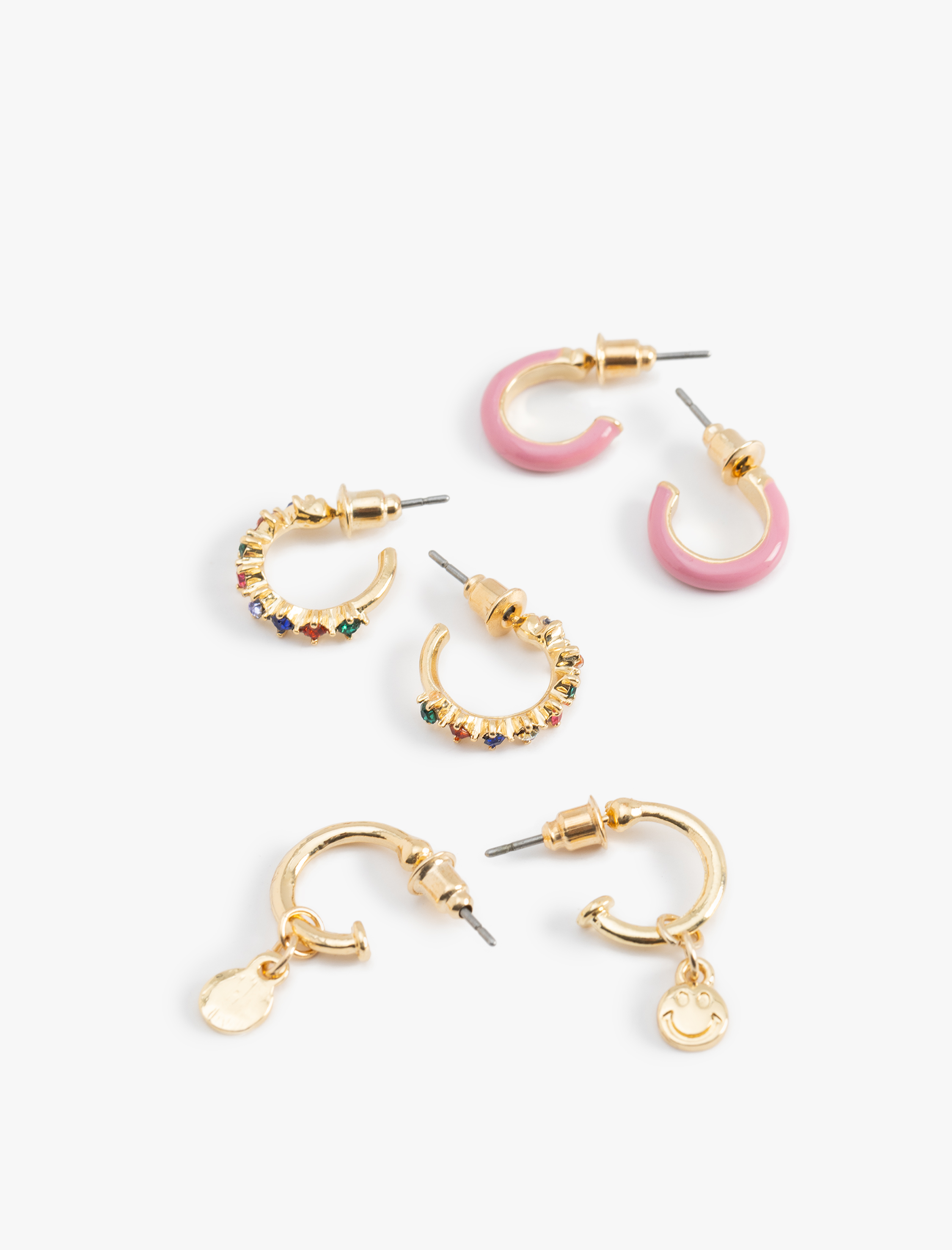  Kadın Taş Detaylı Çok Renkli 3'lü Halka Küpe Seti