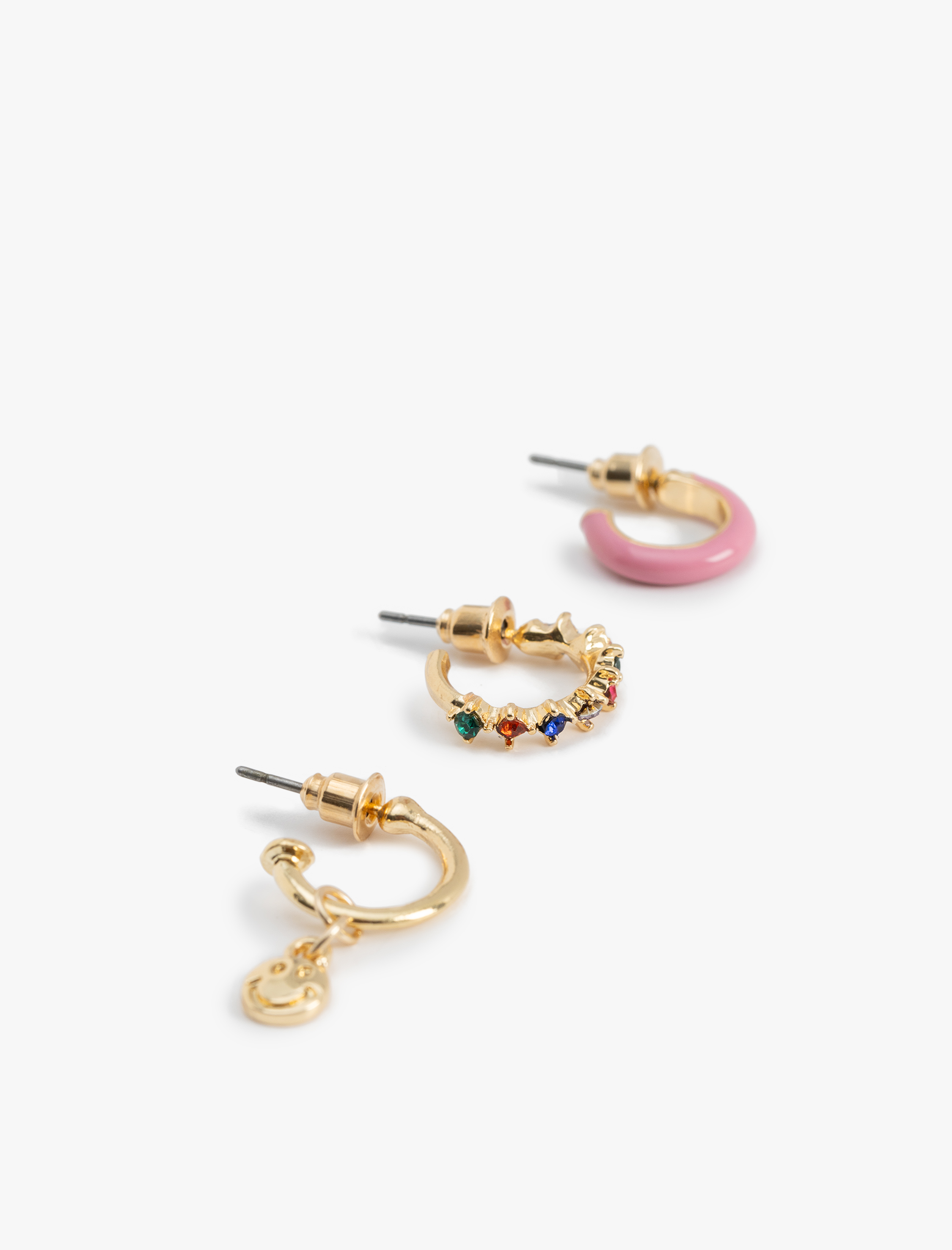  Kadın Taş Detaylı Çok Renkli 3'lü Halka Küpe Seti