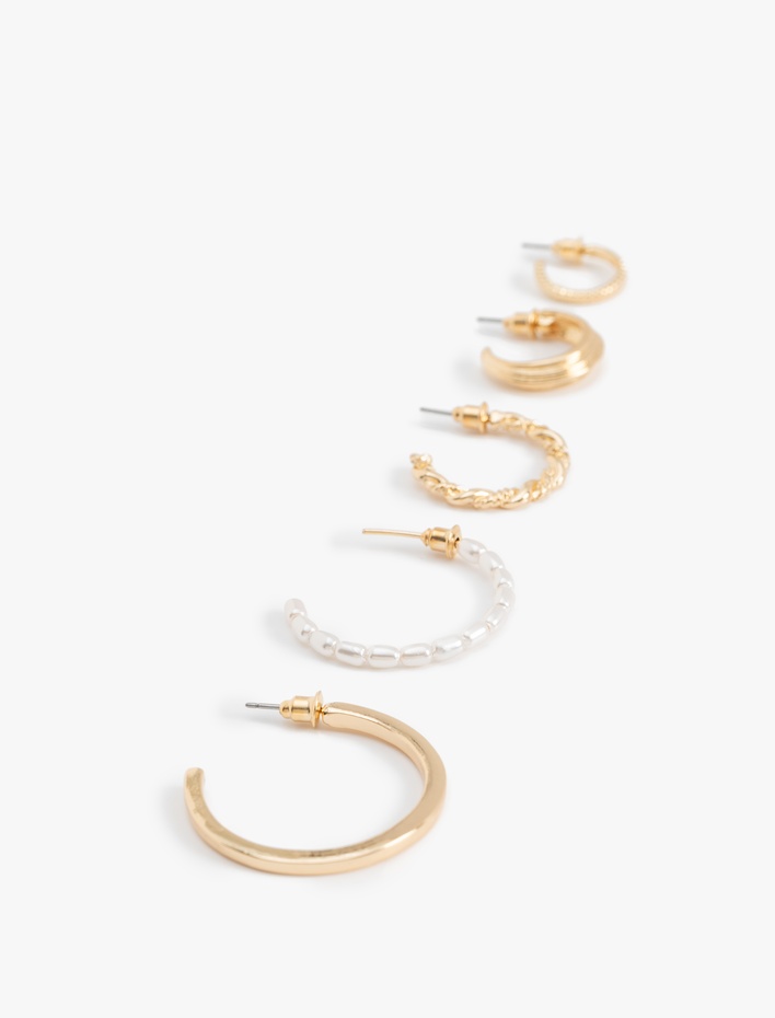 Kadın İnci Detaylı 5'li Halka Küpe Seti