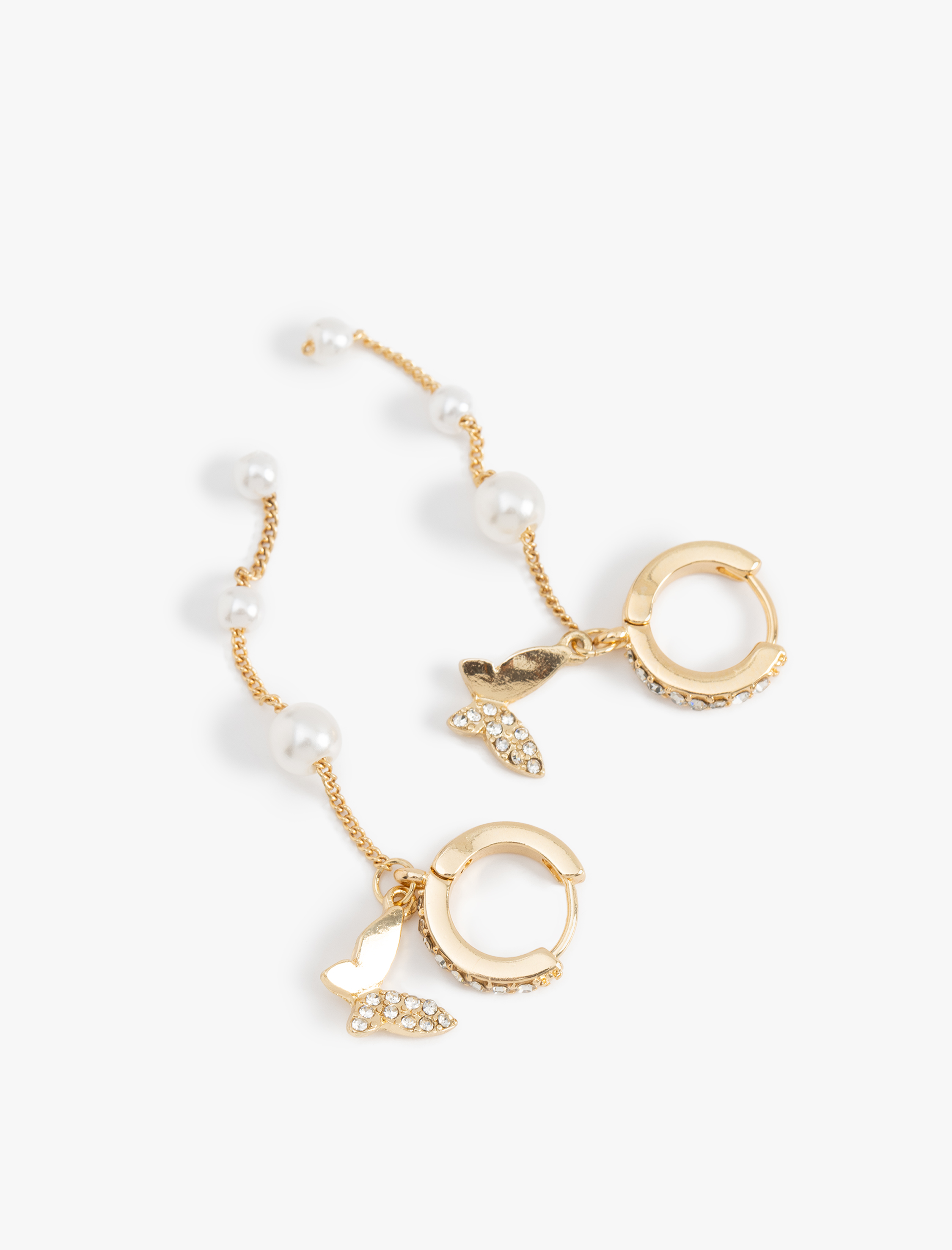  Kadın İnci Detaylı Çelik Karışımlı Kelebekli Zincirli Halka Küpe