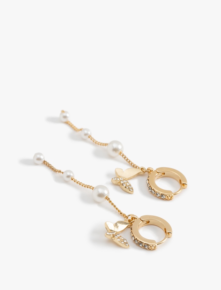 Kadın İnci Detaylı Çelik Karışımlı Kelebekli Zincirli Halka Küpe