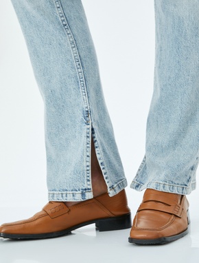 Yüksek Bel İspanyol Paça Skinny Fit Düğmeli Yırtmaç Detaylı Kot Pantolon - Slim Flare Jean_4