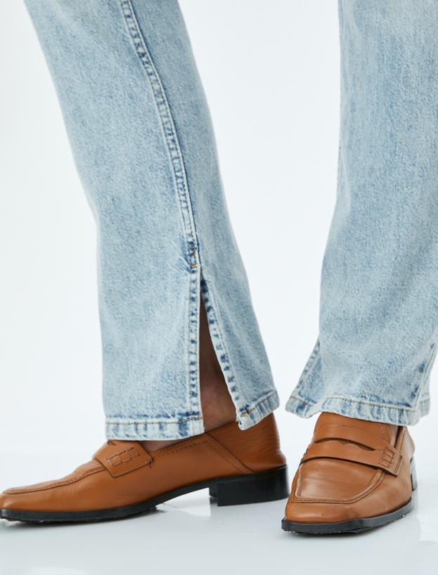 Yüksek Bel İspanyol Paça Skinny Fit Düğmeli Yırtmaç Detaylı Kot Pantolon - Slim Flare Jean_4