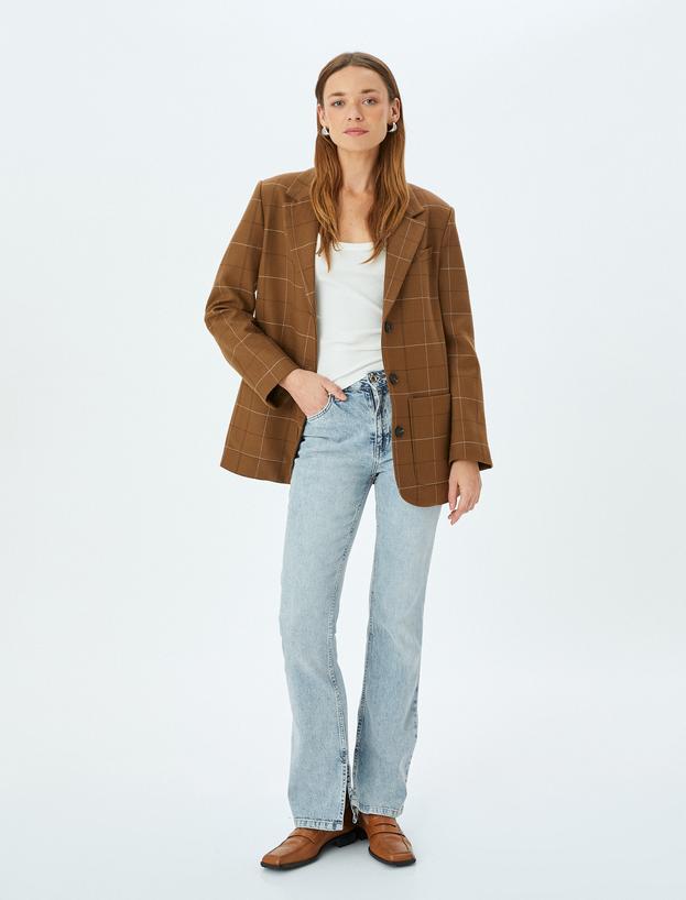 Yüksek Bel İspanyol Paça Skinny Fit Düğmeli Yırtmaç Detaylı Kot Pantolon - Slim Flare Jean_0